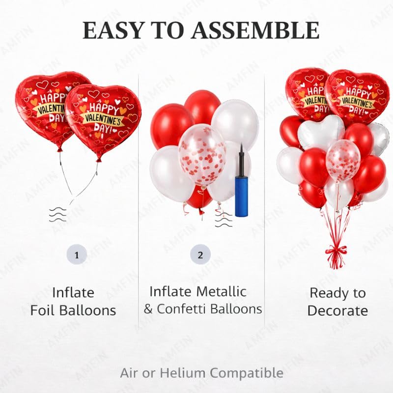 Image of AMFIN (Pack of 14) Happy Valentine's Day Balloon Decoration Set | Romantic Heart Foil Bouquet Metallic Helium Bunch Proposal Anniversary Celebration Party Decor - Red