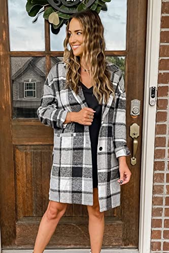 PRETTYGARDEN Women Plaid Shacket Jacket Trendy Fall Casual Button Wool Blend Tartan Trench Coat Winter Clothing with Pockets