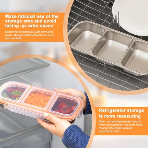 Image of Stainless Steel Snack Containers with Lids, 3 Compartment Leakproof Reusable Snack Box for Nuts, Fruits- Divided Grab & Go Container for School, Office, Travel (3 Compartment)