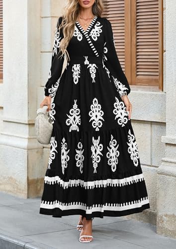 PRETTYGARDEN Women's 2025 Fall Wedding Guest Dresses Boho Floral Long Sleeve V Neck Flowy Elegant Maxi Dress Beach Clothes2