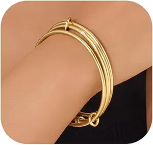 Stackable Bangle Bracelets for Women 14K Gold Plated Triple Interlocked Bangle Stainless Steel Bracelets Classic Plain Non-Tarnish Jewelry Gift for Women