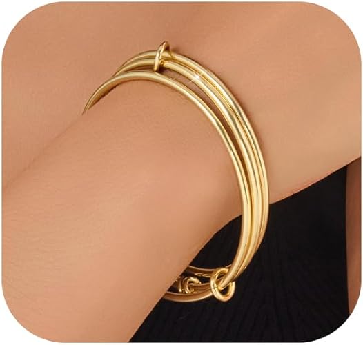 Stackable Bangle Bracelets for Women 14K Gold Plated Triple Interlocked Bangle Stainless Steel Bracelets Classic Plain Non-Tarnish Jewelry Gift for Women