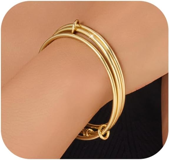 Stackable Bangle Bracelets for Women 14K Gold Plated Triple Interlocked Bangle Stainless Steel Bracelets Classic Plain Non-Tarnish Jewelry Gift for Women