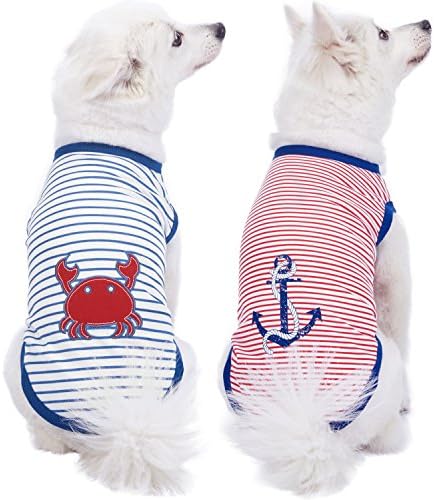 Blueberry Pet Soft & Comfy Summer Vacation Beach Cotton Dog T-Shirts, 2 Pack, Sunshine Sea Lover Striped Shirts Tank Top Clothes, Back Length 14", for Small Medium Dogs