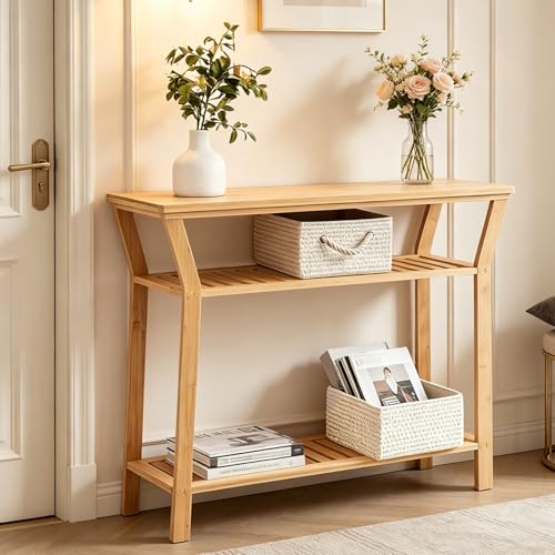 Nnewvante Bamboo Console Table, 38.6' Entryway Table with Storage, Display Table, Narrow Sofa Table...