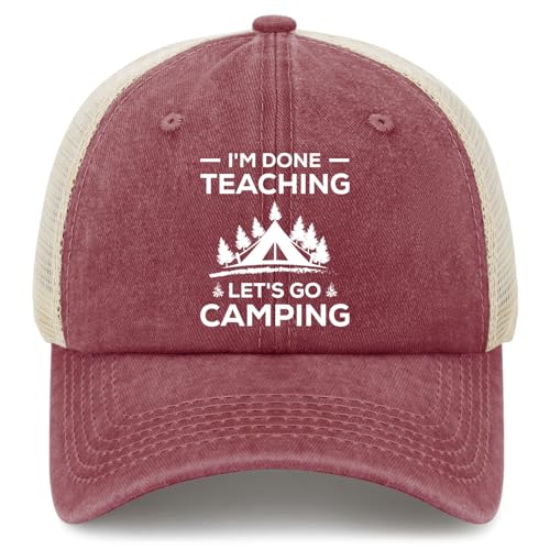 I'm Done Teaching Let's Go Camping Hat for Men Fashion Washed Distressed Deep Rose
