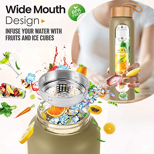 Aqulea 32 Oz Glass Water Bottle with Times to Drink - BPA Free Reusable Wide Mouth Glass Motivational Water Bottles with Infuser & Silicone Sleeve – Borosilicate Water Bottle with Time Marker