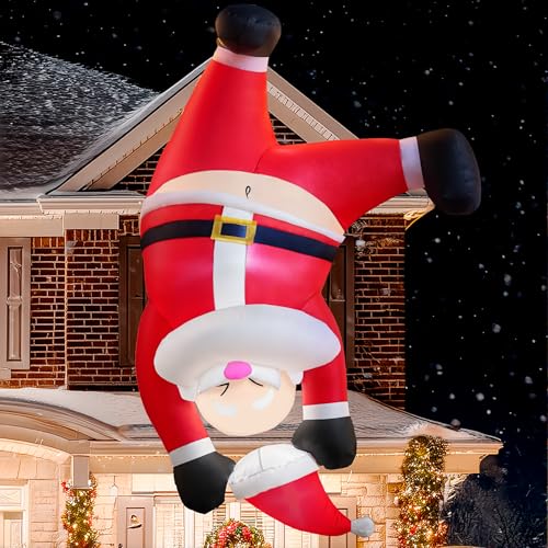 JOIEDOMI 1.8M/ 6FT großer hängender aufblasbarer Weihnachtsmann, Weihnachtsdekoration, kopfüber hängender Weihnachtsmann, aufblasbarer Weihnachtsmann für den Garten mit eingebauten LEDs