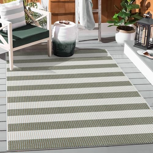 Sungea Striped Outdoor Rug 3x5, Boho Washable Front Porch Rug Cotton Hand Woven Outside Door Mats,Foldable Layered Doormat for Farmhouse/Entryway/Home Entrance(Green and White)