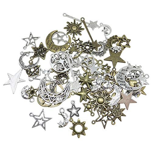 金古美 チャーム 星・月・太陽 ペンダント レトロ 空 アクセサリーパーツ 金属 ジュエリー用 DIY用 アンティーク風 飾り ハンドメイド 手作り ネックレス ギフト 結婚式 約73個セットのサムネイル