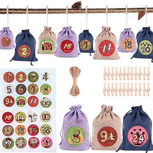 Calendrier de l'avent, 24 Calendrier de l'avent a Remplir Soi Meme avec Etiquettes Numéro de Noël, DIY Enfant Noël Cadeaux Sacs, Sac en toile de jute Cover