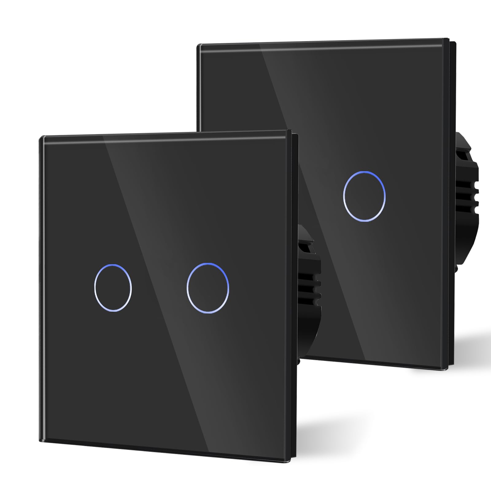 BSEED Touch Light Switch,Standard Touch Sensitive Bathroom Switchs,Tempered Glass Panel with LED Backlight, No Neutral Wire Needed,2 Gang 1 Way-2 Pack,Black 86mm — image 1