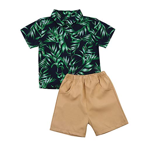 Kids Boys Wave Print Short Sleeve Lapel Tshirt Top Shorts 2Pcs Summer Cotton Outfit Set (Leaf-Green, 4-5T)