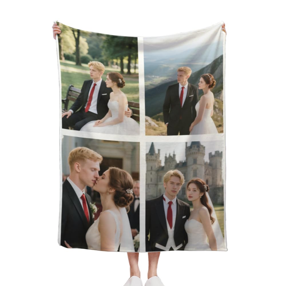 Hukqwx Women's 4 Photo Personalised Blanket, Customised Blanket With Pictures, Soft & Cosy Custom Blanket For Adults & Kids, Personalised Gifts, Personalised Gifts For 50X60 In