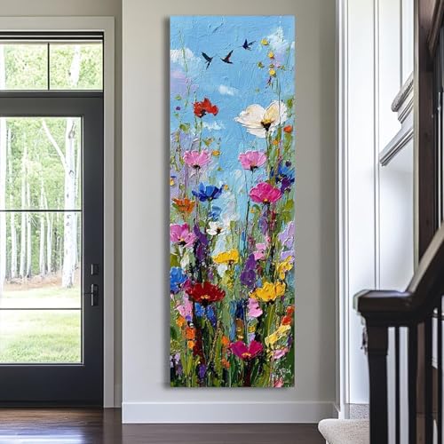 Tableau sur toile verticale fleurs XINBAO cadre 65x195cm - 4