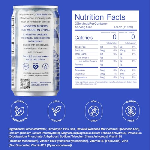 Image of Revello Mixers Club Soda - Mixer Infused with Electrolytes, Antioxidants, Vitamins & Minerals - Low Sugar & Calories - Premium Beverage for Crafted Cocktails & Mocktails - 8 fl oz (Pack of 4)