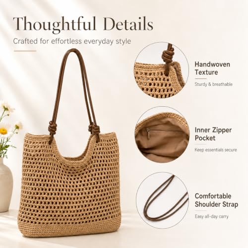 Bolso de playa tejido a mano Jansben para mujer con asas de cuerda de algodón y cuero sintético miniatura 5