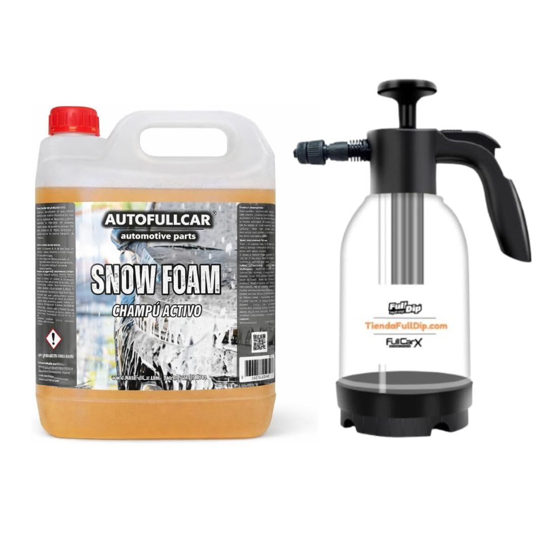 AutoFullCar Snow Foam 5 Litros, Champu Activo Coche PH Neutro, Lavado Carroceria, Alto Poder Espumante, Incluye Foamer Manual, Limpieza y Brillo Duradero