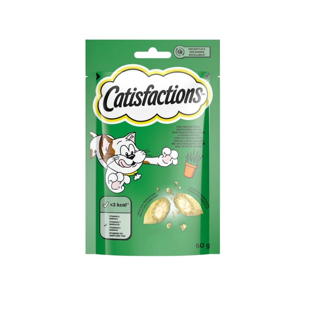 Snack para gatos Catisfactions, snack para gatos adultos y cachorros sabor hierba gata. 6 paquetes de 60 gramos cada uno.