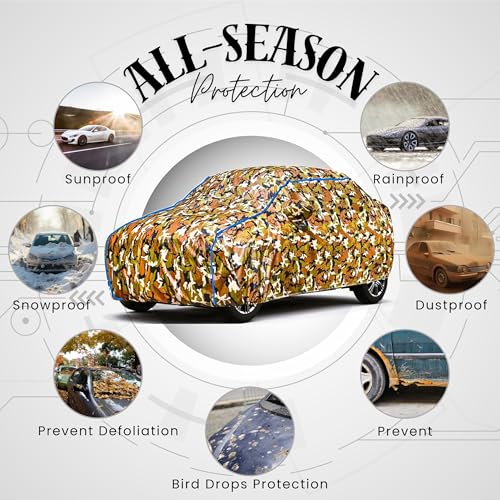 Image of Kerwa Car Body Cover Waterproof Compatible with TATA Indigo ECS | Scratch Proof, Anti-Dust, UV Protection | Windproof Buckle Strap | Fitted Bottom Elastic | Side Mirror Pockets-Jungle