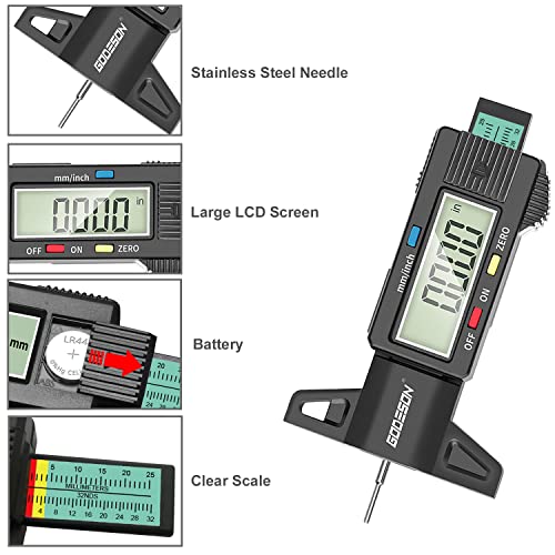 Image of GODESON Tire Tread Depth Gauge,Digital Tire Tread Depth Gauge in 1Inch /25.4mm with Color-Coded Bar, Easy Read Tire Depth Gauge for Cars, Trucks, Motorcycles (Pack of 2)