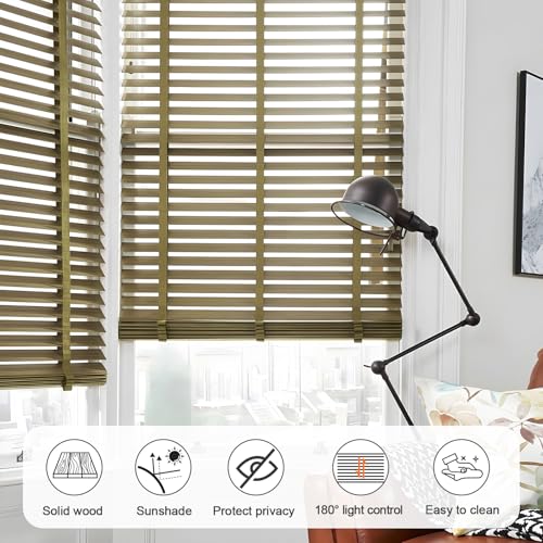 2" Slats Wood Blinds for Indoor Windows, Custom Wood Window Blinds, Wooden Venetian Horizontal Blinds & Shades for Indoor Windows, Office, Living Room, Bedroom