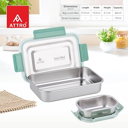 Image of ATTRO Smart Meal Medium Stainless Steel Lunch Box with 1 Small Container Airtight Spill-Proof BPA Free Food Grade Ideal for Office, School, Picnic- Green-800ml+170ml