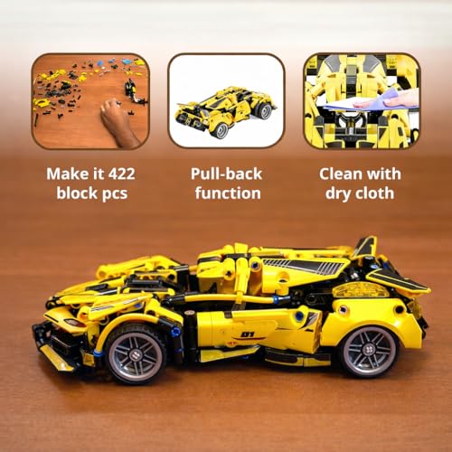Image of Rush 1:18 Scale Pull Back Racing Car Building Block Set (422 PCS) - Yellow Ferrari Style | DIY Model Car Kit for Kids & Adults | Compatible Racing Brick Toy for Collectors