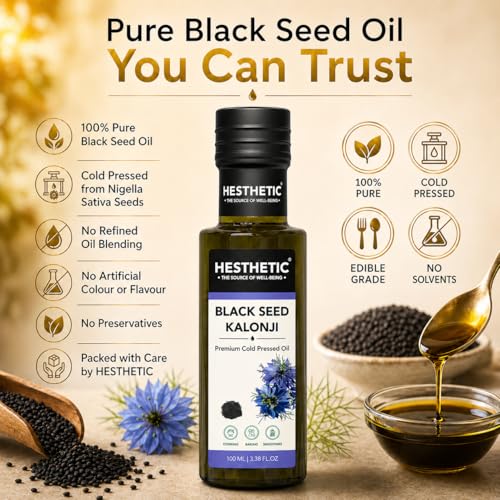 Image of HESTHETIC Cold Pressed Black Seed Oil 100ml | Pure Kalonji (Mangraila Tel) Edible Virgin Oil | High-Thymoquinone Food-Grade Nigella Sativa for Cooking, Salad & Daily Wellness | Glass Bottle