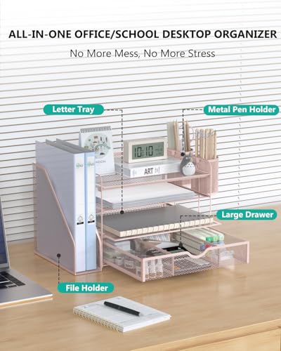 Image of WALI Desk File Organizer, 4 Tier Desktop Paper Letter Tray Organizer with Drawer and 2 Pen Holders, Office Desk Accessories & Workspace Organizers for Office, Home Supplies(DO005DH-P), 1 Pack, Pink