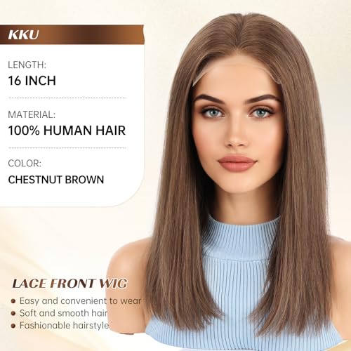 Image of KKU 16 Inch Human Hair Wigs for Women,5x5 Lace Front Wigs Human Hair,wigs for women (Chestnut Brown)