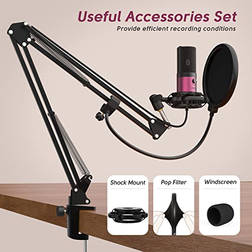 Image of FIFINE T669 Rose Red Podcast Microphone Kit with Boom Arm for Recording | PC Computer Microphone for Streaming, Gaming, Voice-Over, Meeting, Shock Mount, Pop Filter