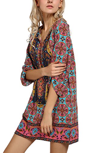 Image of Women Bohemian Neck Tie Vintage Printed Ethnic Style Summer Shift Dress