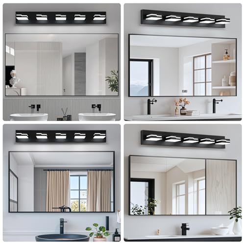 Image of LED Modern Bathroom Vanity Light Fixtures 5-Light, 32 inch Dimmable Matte Black Vanity Lights for Bathroom Lighting Fixtures Over Mirror, with 350Rotatable Acrylic Heads(White Light 5500K)