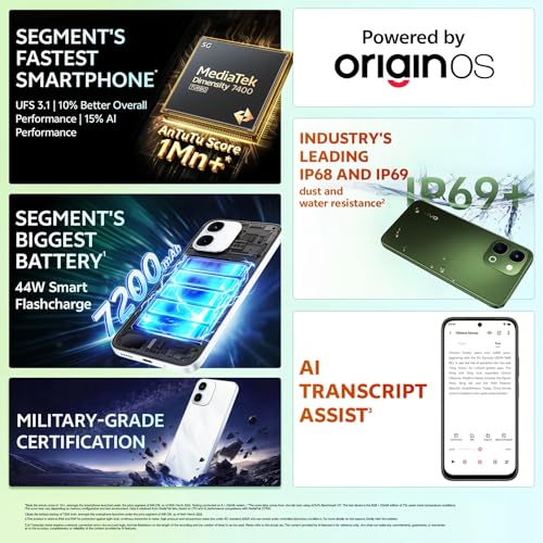 Image of vivo T5x 5G (Cyber Green, 8GB RAM, 128GB Storage) | 7200mAh Battery, 50MP + 2MP Dual Camera, 32MP Front, Dimensity 7400-Turbo Processor, 6.76 inch Display