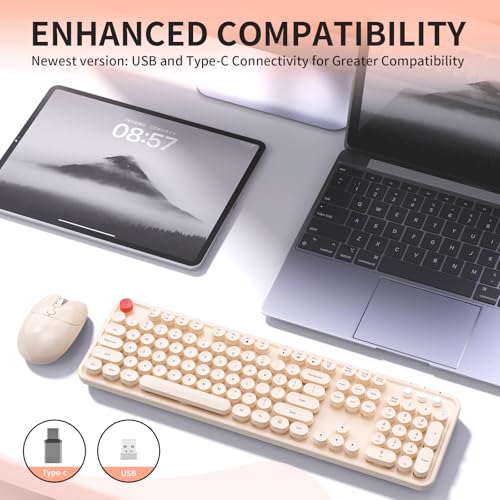 Image of Wireless Keyboard Mouse, MOFII 104 Keys Cute Retro Typewriter Coffee