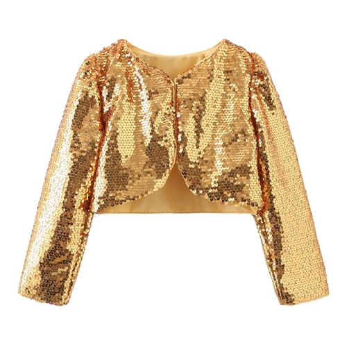 Girls Sequin Bolero Jacket Shrug Long Sleeve Open Front Sparkly Blazer Cropped Cardigan Coats for Party 3-9 Years