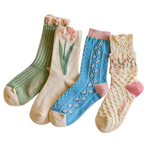 Image of 4 /5 Pack Cute Womens Floral Socks, Cotton Vintage Embroidered Casual Crew Socks, Girly Cottagecore Tulip Dress Socks