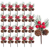 LATERN 20 Pezzi Rami di Natale a Pigne e Bacche, 12CM Ramoscelli di Agrifoglio Artificiali Aghi di Pino Rami di Pino Finti con Bacche Rosse Pigna per Natale Ghirlanda Lavoretti Casa Festa Decorazioni