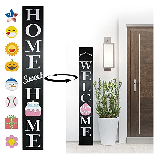 Interchangeable Welcome sign for front porch standing - Reversible 2in1 Home Sweet Home Outdoor welcome signs for porch Decor Farmhouse yard - With 10 Holiday Icons - Vertical 58