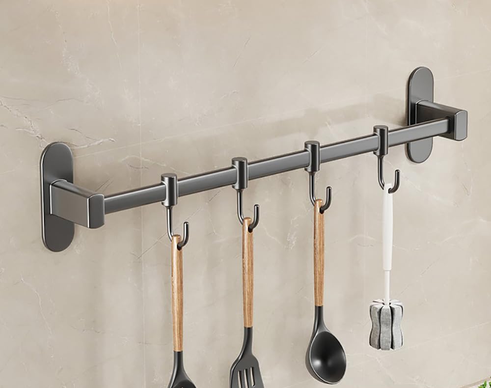 LNGFSH Kitchen Utensils Rack, Aluminum Kitchen Rail Wall Mounted Rack with Hooks Organiser Kitchen Utensils Rack Wall Mounted Hanging Rail Rack Kitchen Pot Pan Hanging Rack for Kitchen Gray (30cm)