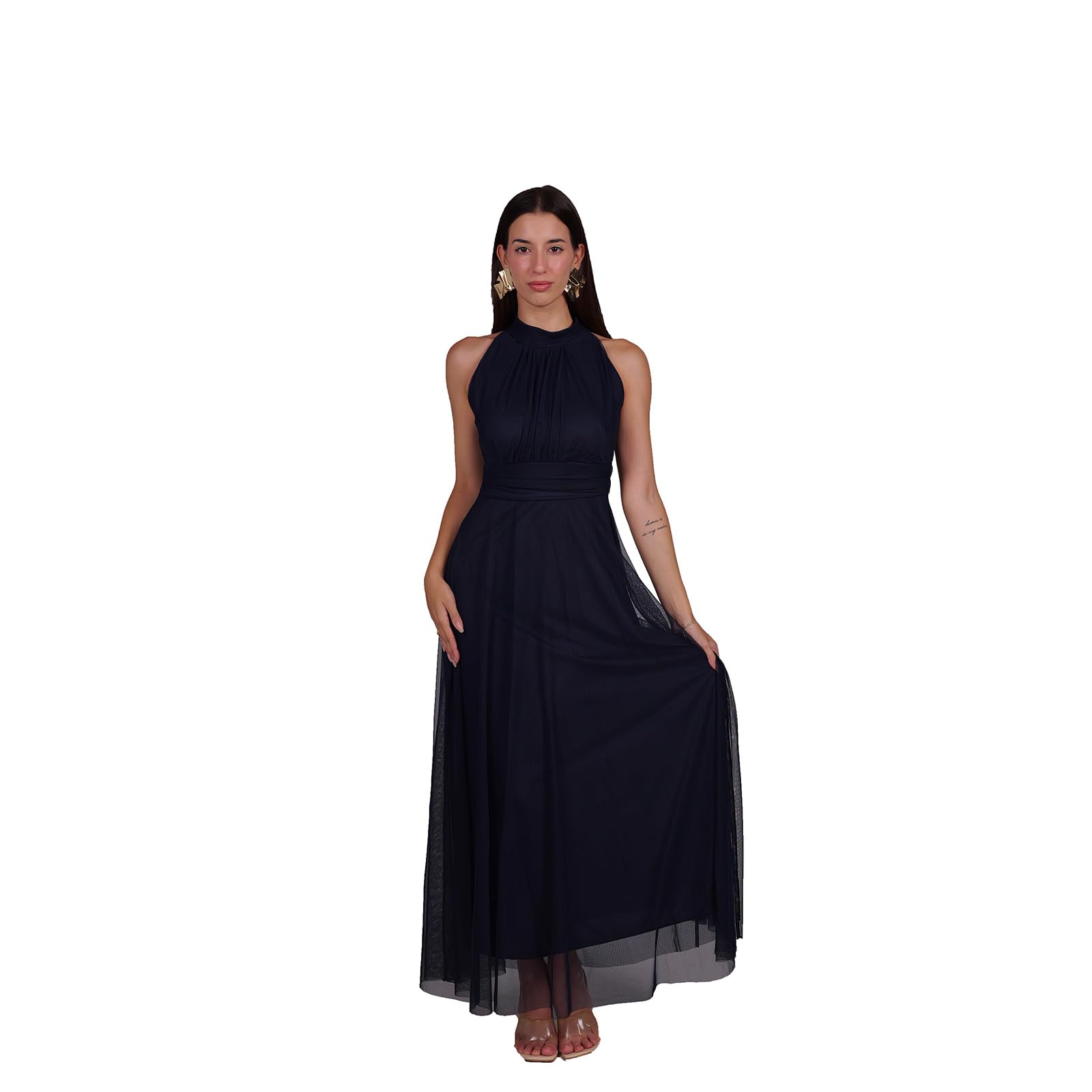 VALORIALUXE Abito Lungo Elegante Donna con Stola Coordinata – Collo Alto Senza Maniche, Linea Fluida in Tulle – Vestito da Cerimonia Made in Italy