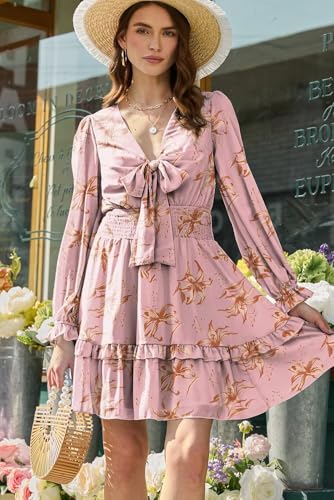 Image of Dokotoo Womens Casual Spring Fall 2025 Deep V Neck Knotted Tiered Chiffon Elegant Mini Short Swing Skater Dresses