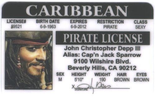 Cartain Jack Sparrow Johnny Depp Pirate Fun Fake ID License
