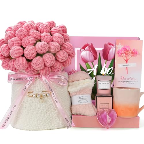 Handmade Knitted Crochet Flower Bouquet Blanket Gifts Basket for Women Birthday Gifts for Women Mothers Day Anniversary Wedding Romantic Unique Gifts for Wife Girlfriend Sister Friends Grandma