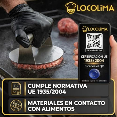 Miniatura 8 de Locolima Smash Burger Kit Profesional De 5 Piezas, Prensa Hamburguesas Smasher De Acero Inoxidable Con Certificado Ue, Espátula, Campana Para Fundir, Papel Smash Burger, Molde Aro Huevo, Recetario