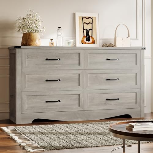 Image of BORNOON 6-Drawer Dresser for Bedroom, Modern Wooden Chest of Drawers with Metal Handles, Anti-Tipping Design, Sturdy and Stable Storage Organizer for Living Room, Entryway, Home Office