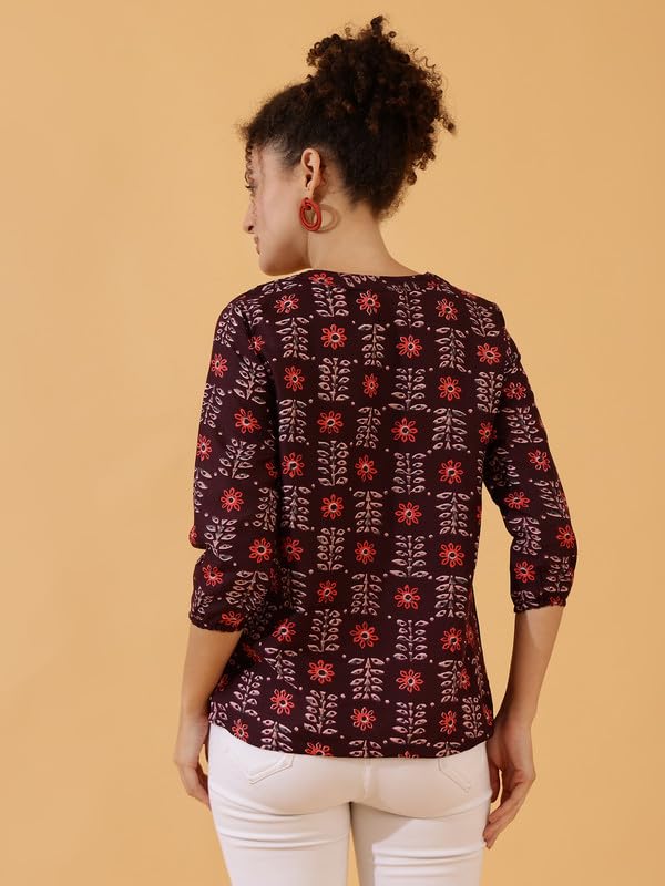 Image of Women's Cotton Printed Kurta Top | 3 /4 Sleeve Straight Kurti Casual Outings
