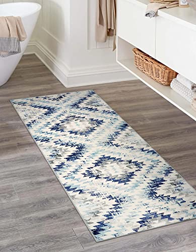 Lanffia Modern Geometric Runner Rug, 2X5 Washable Blue Laundry Room Rug Faux Wool Non-Slip Bath Runner Non-Shedding Throw Carpet For Kitchen Sink Bedside Front Door Hallway #TOP4