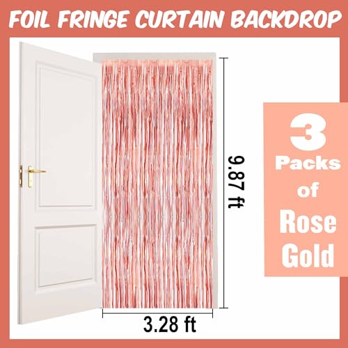 Image of 3 Pack Rose Gold Foil Fringe Curtains Backdrop, 3.28 x 9.8 Ft Metallic Streamers Tinsel Curtains Background for Photo Booth, Birthday, Halloween, Christmas, Thanksgiving, New Year Party Decorations